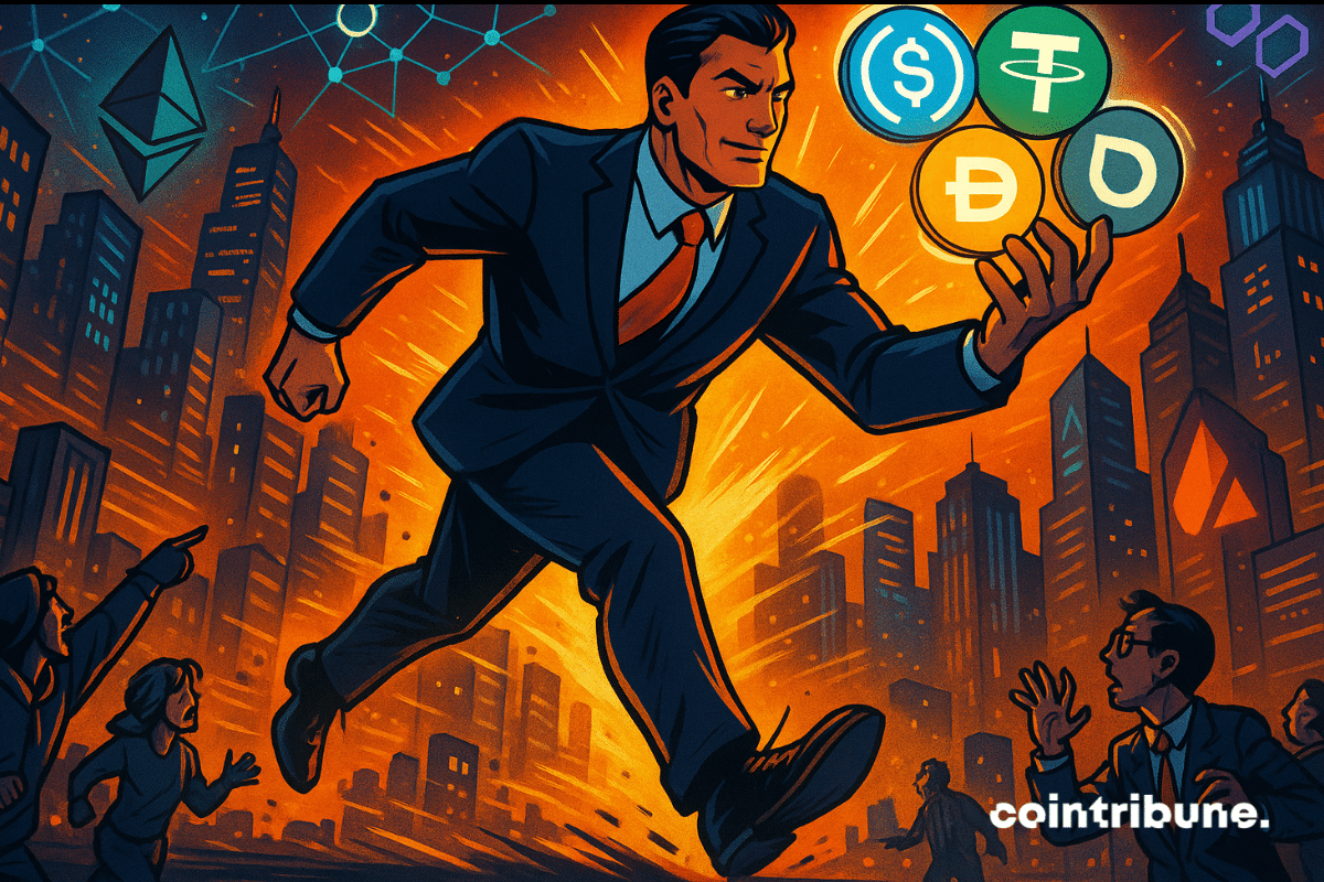 Giant Visa figure strides through neon city, holding four glowing stablecoins in comic style.