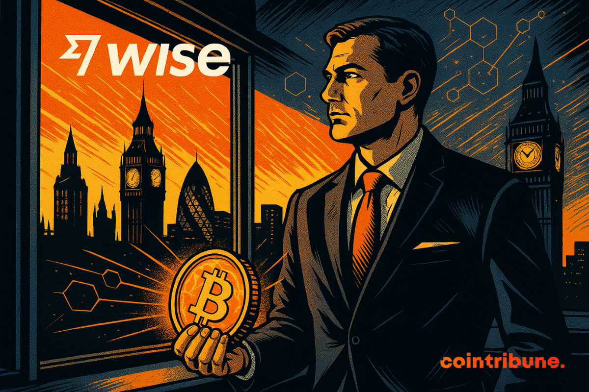 A determined man looks out over London from his office, holding a glowing crypto coin, a symbol of Wise's digital shift.