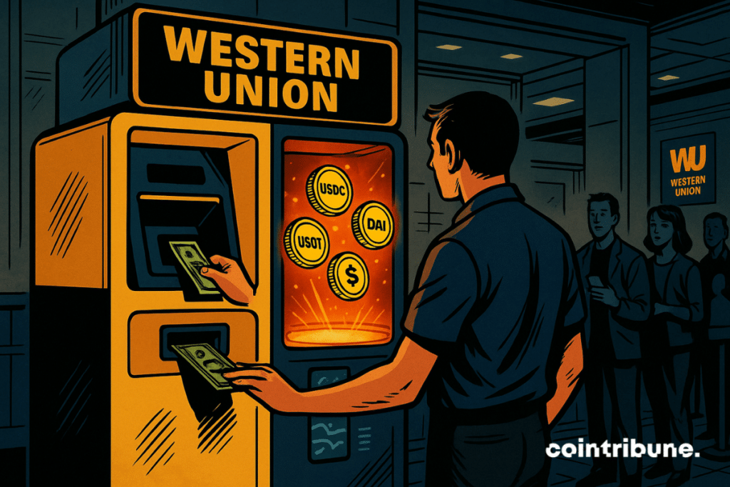 Une machine hybride au design rétro-futuriste, fusion entre un distributeur automatique classique et un terminal blockchain, est divisée visuellement en deux parties symétriques. À gauche : une fente traditionnelle où un client insère des billets physiques (USD, EUR, etc.). À droite : un dispositif transparent d’où émergent en lévitation plusieurs jetons numériques brillants (USDC, USDT, DAI). Un client de Western Union observe les stablecoins avec un air ébahi.