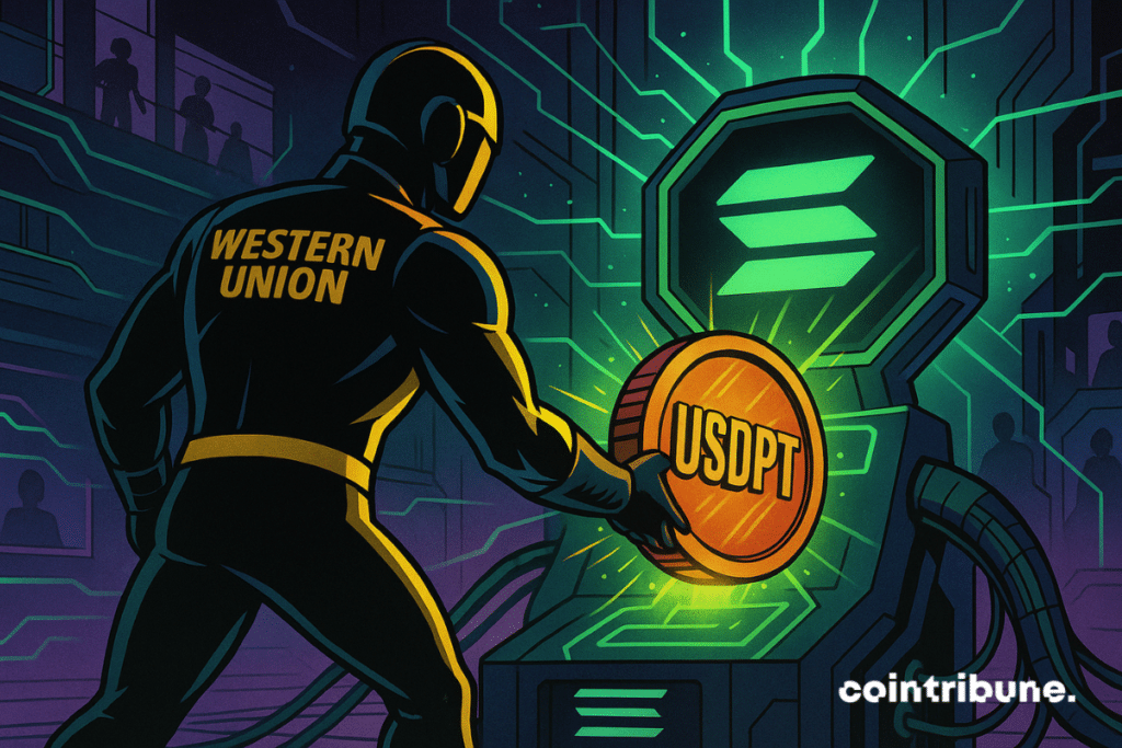 Un personnage central (représentant Western Union) dans un univers high-tech. Il est en train d’insérer une « clé -token » géante marquée « USDPT » dans une console futuriste portant le logo lumineux de Solana. Le personnage incarne la transition du système financier classique vers le monde crypto.