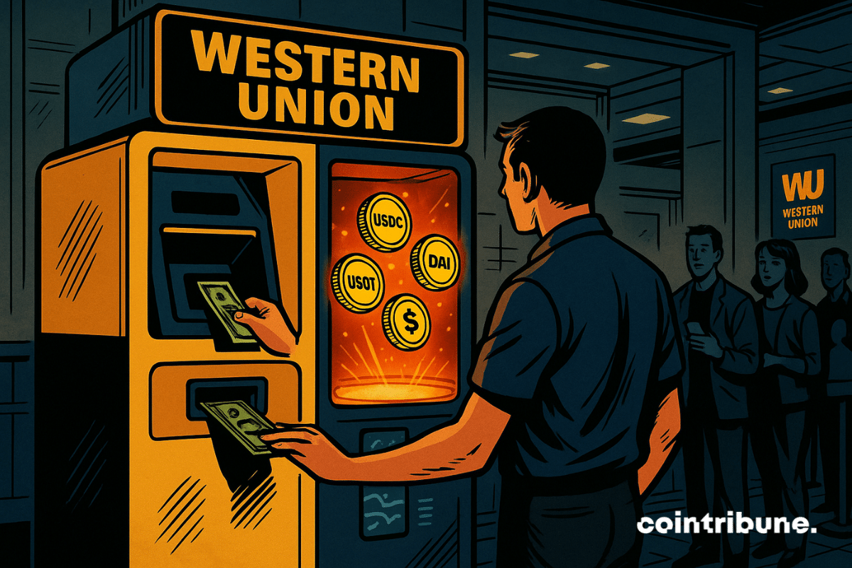 Une machine hybride au design rétro-futuriste, fusion entre un distributeur automatique classique et un terminal blockchain, est divisée visuellement en deux parties symétriques. À gauche : une fente traditionnelle où un client insère des billets physiques (USD, EUR, etc.). À droite : un dispositif transparent d’où émergent en lévitation plusieurs jetons numériques brillants (USDC, USDT, DAI). Un client de Western Union observe les stablecoins avec un air ébahi.