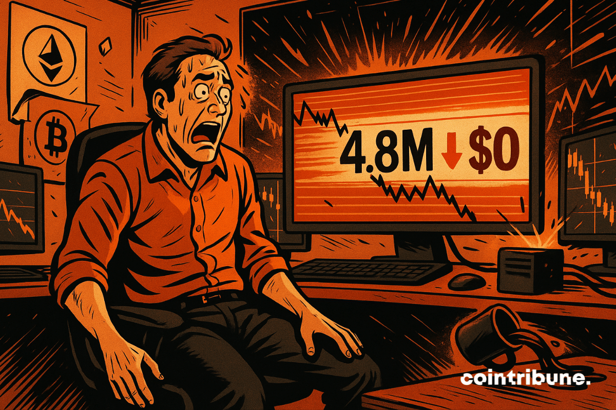 James Wynn sous le choc alors que les pertes en cryptomonnaies atteignent 4,8 millions de dollars, entouré de moniteurs en panne.