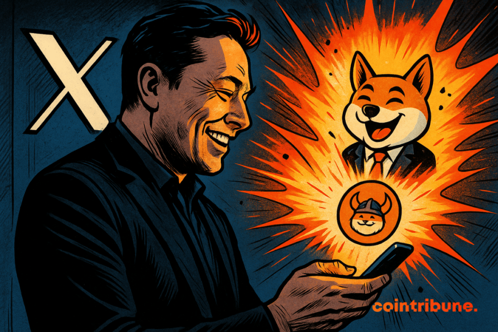 Elon Musk smiles at his phone, from which an orange explosion bursts forth, revealing a dog in a suit, the symbol of Floki.