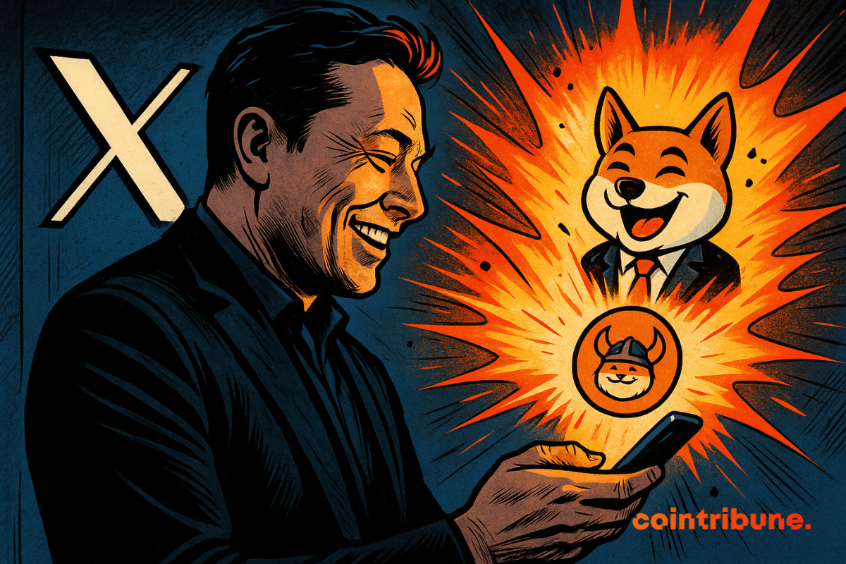 Elon Musk sourit devant son téléphone, d’où jaillit une explosion orange révélant un chien en costume, symbole de Floki.