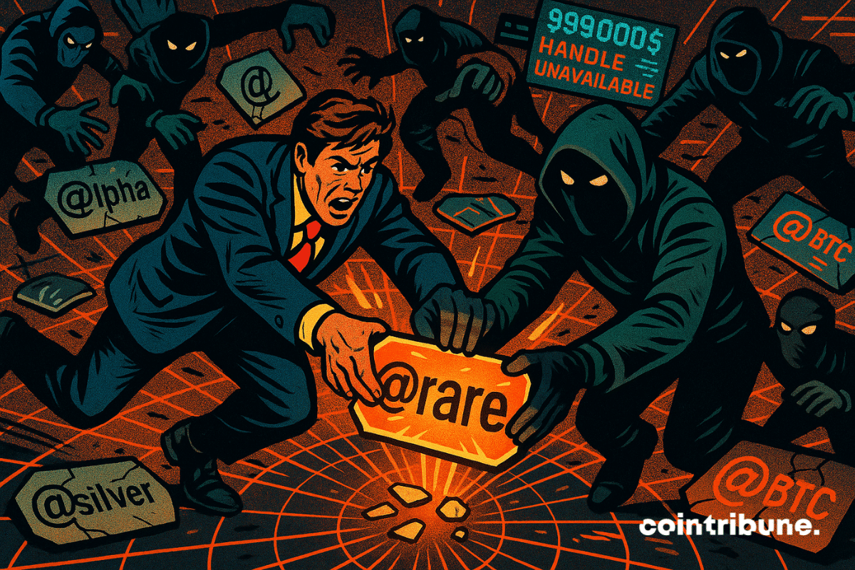 Une foule frénétique de silhouettes (traders, hackers, avatars crypto), est plongée dans une lutte acharnée pour s’emparer de plaques « @handles » tombées au sol. Une plaque lumineuse « @rare » (ou « @X ») trône au centre de la scène, au sol, légèrement éclatée, mais brillante.