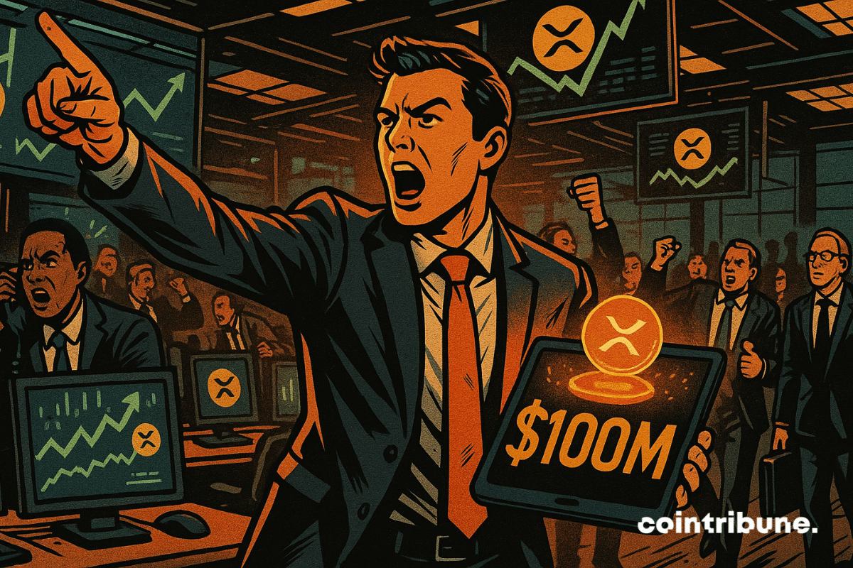 Escena de piso de operaciones de estilo cómic con un comerciante sosteniendo una tableta brillante que muestra "0 millones" y el logotipo de XRP.