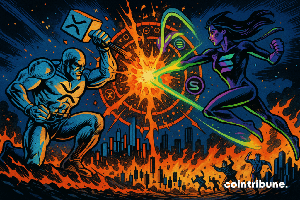Le XRP et Solana personnifiés en super-héros sont en duel cosmique sur le CME.