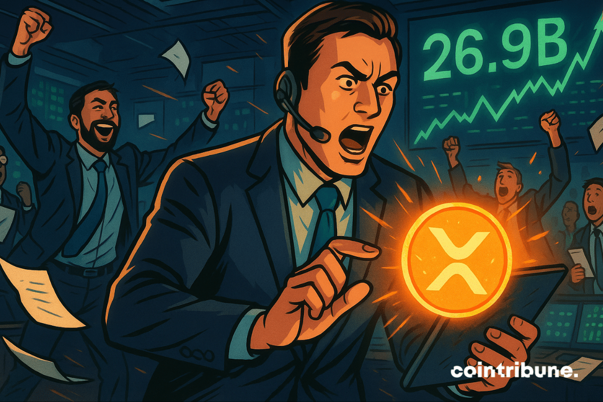 Des traders applaudissent lorsque le XRP atteint 26,9 milliards de dollars en contrats à terme, brillant sur l'écran d'une tablette.