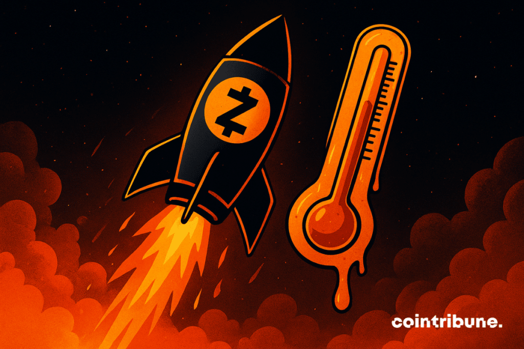 A black rocket with the Zcash (ZEC) logo blasts upward through an orange fiery sky beside a melting thermometer.