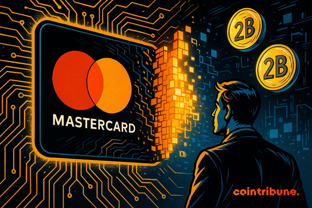 A man in a dark suit watches a Mastercard card transform into glowing orange blockchain blocks surrounded by circuit lines and floating coins marked “2B.”