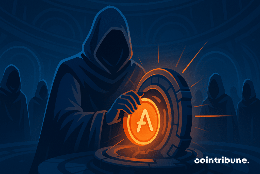 Un miembro de la DAO inserta un brillante token AAVE en una máquina ritual, rodeado de misteriosas figuras encapuchadas.