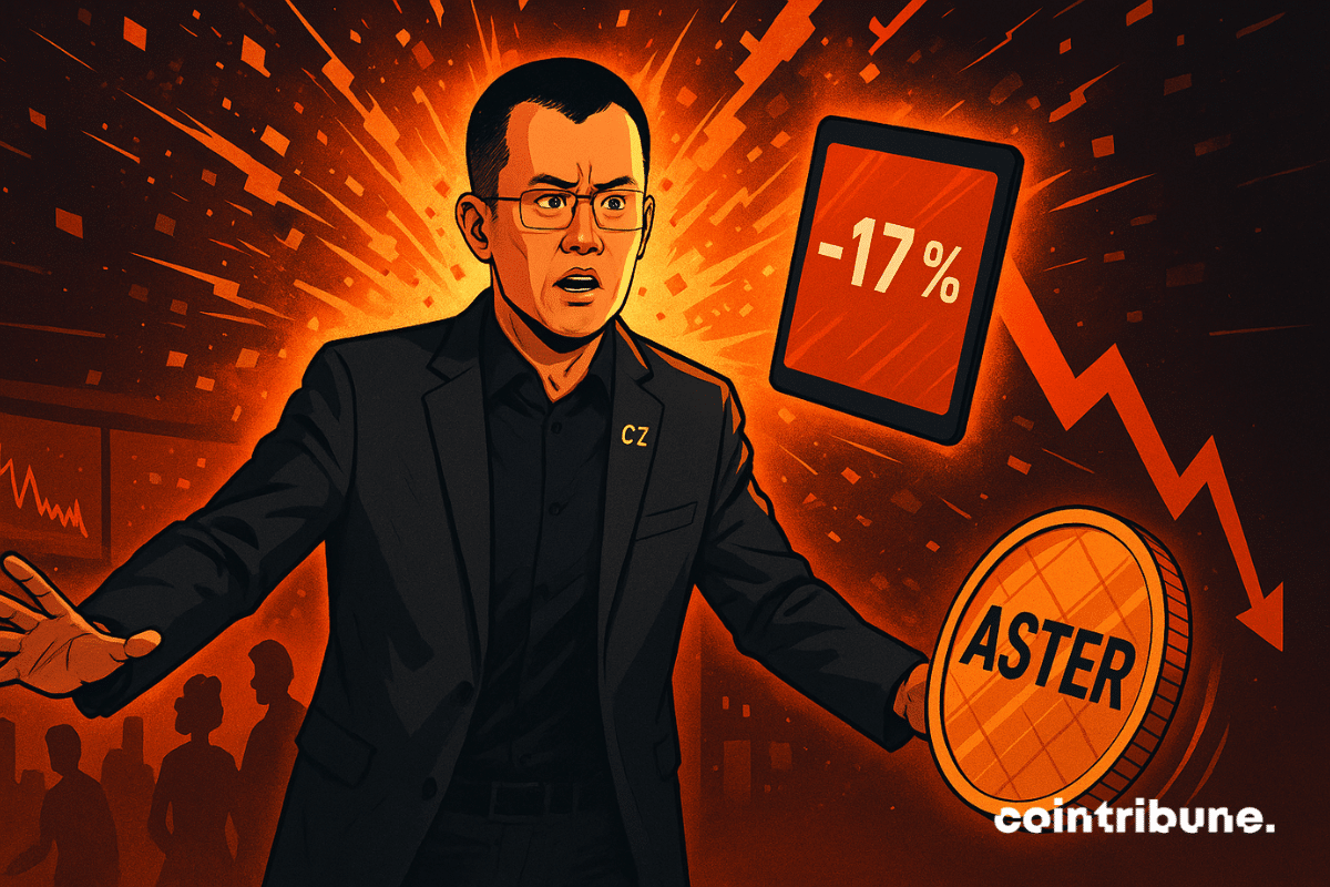 CZ surpris, entouré d’explosions numériques, tient ASTER chutant de 17 %, illustrant le chaos provoqué par une rumeur.