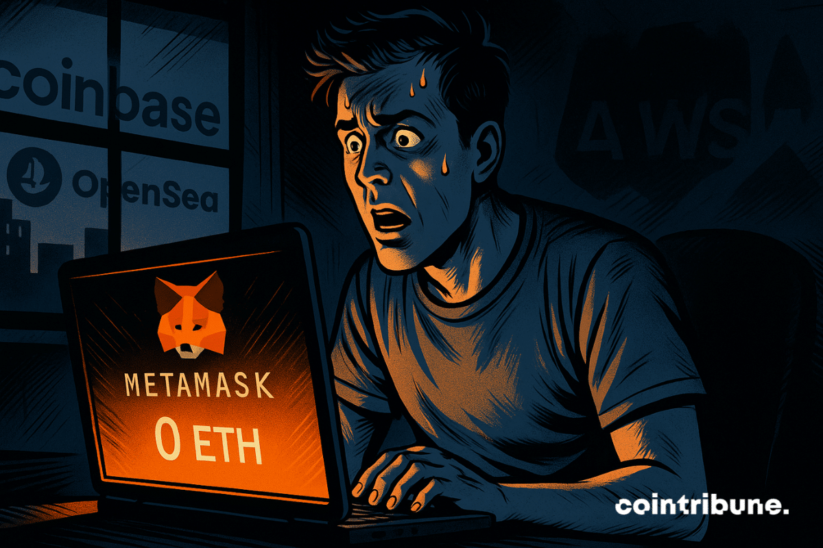 Un utilisateur cpaniqué découvre son solde MetaMask à zéro, éclairé par l'écran orange, symbole du crash crypto causé par AWS.