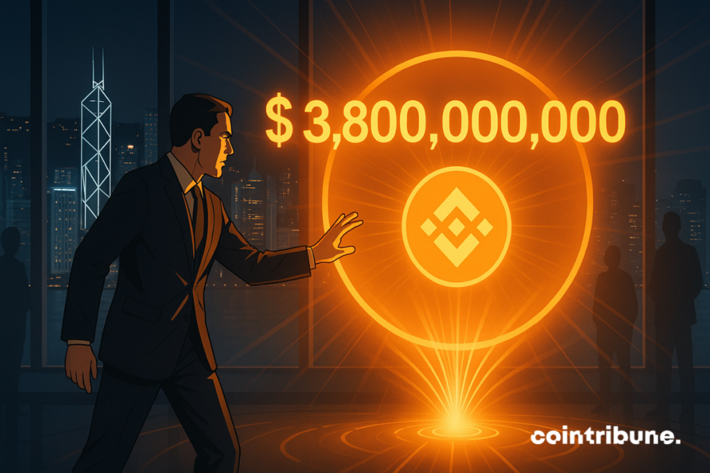 Un banquier de Binance interagit avec un hologramme BNB affichant 3,8 milliards, dans une salle vitrée surplombant Hong Kong.