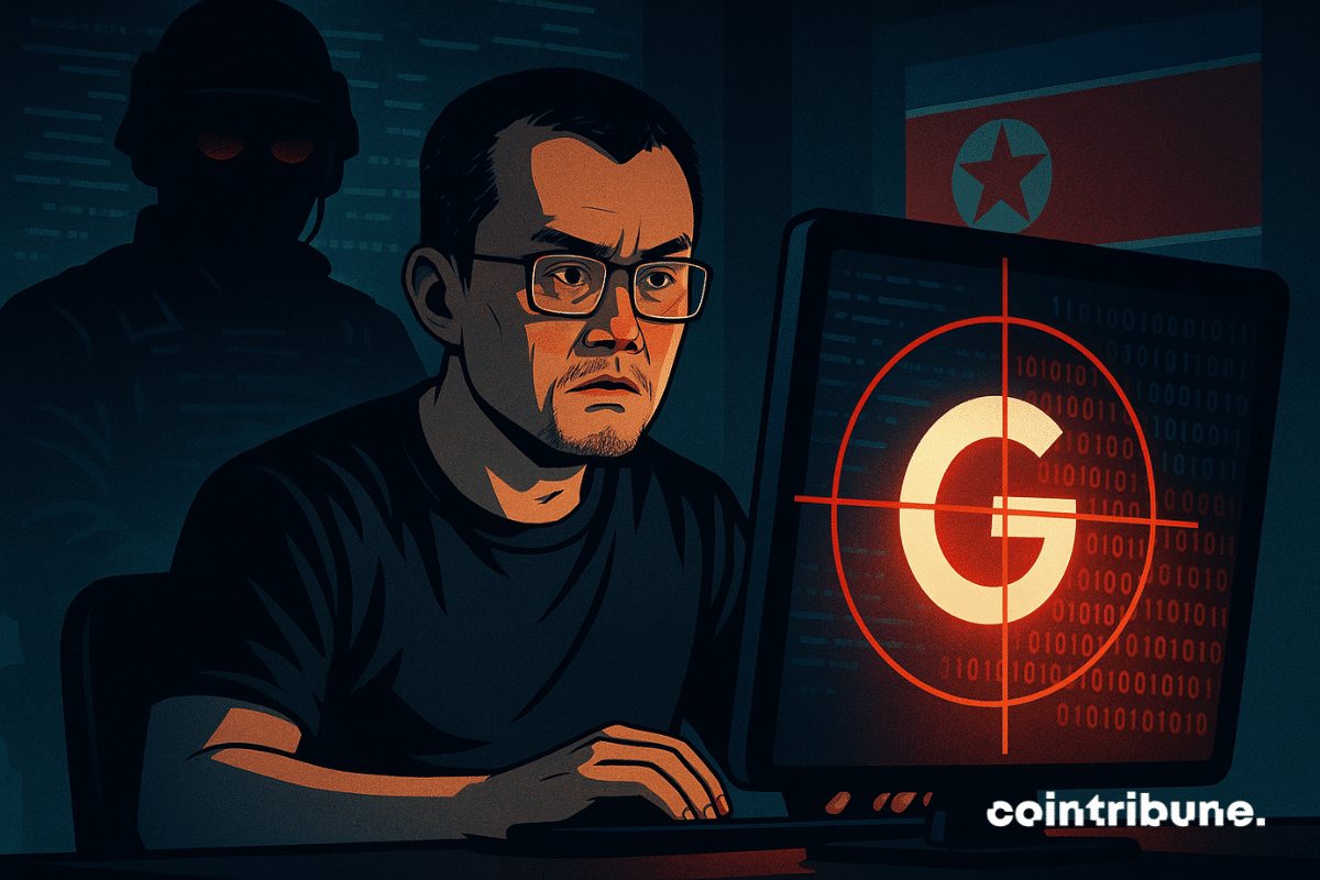 Un usuario de Binance preocupado fija su mirada en la pantalla, apuntada por un punto rojo, mientras un hacker norcoreano se perfila en la sombra.