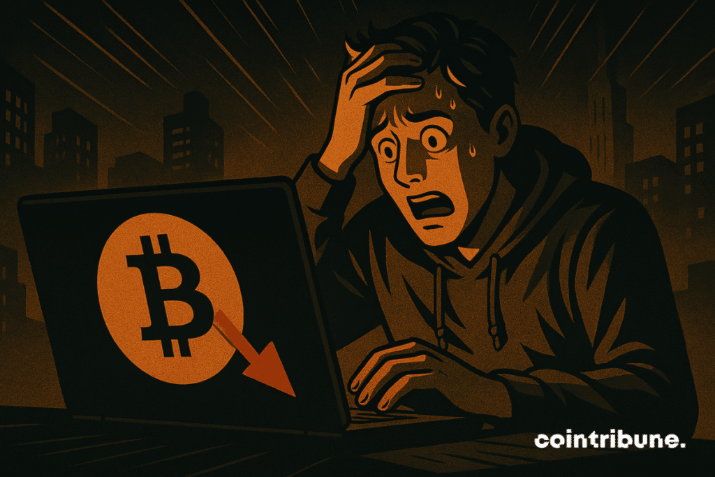 Un joven en pánico descubre el colapso de Bitcoin, bajo un cielo urbano apocalíptico dominado por un símbolo agrietado.