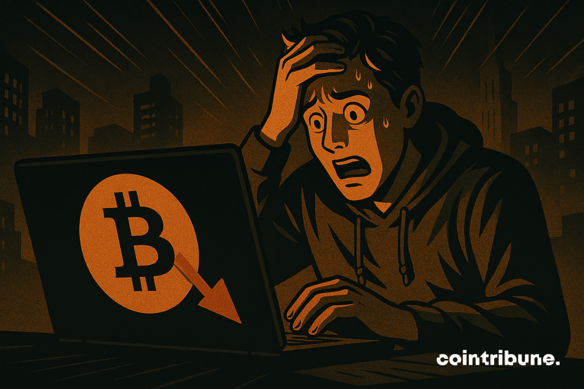 Un jeune homme paniqué découvre l’effondrement du Bitcoin, sous un ciel urbain apocalyptique dominé par un symbole fissuré.
