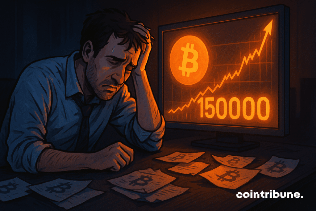 A dejected trader stares at a screen showing Bitcoin soaring to 0,000, contrasting with his palpable despair.