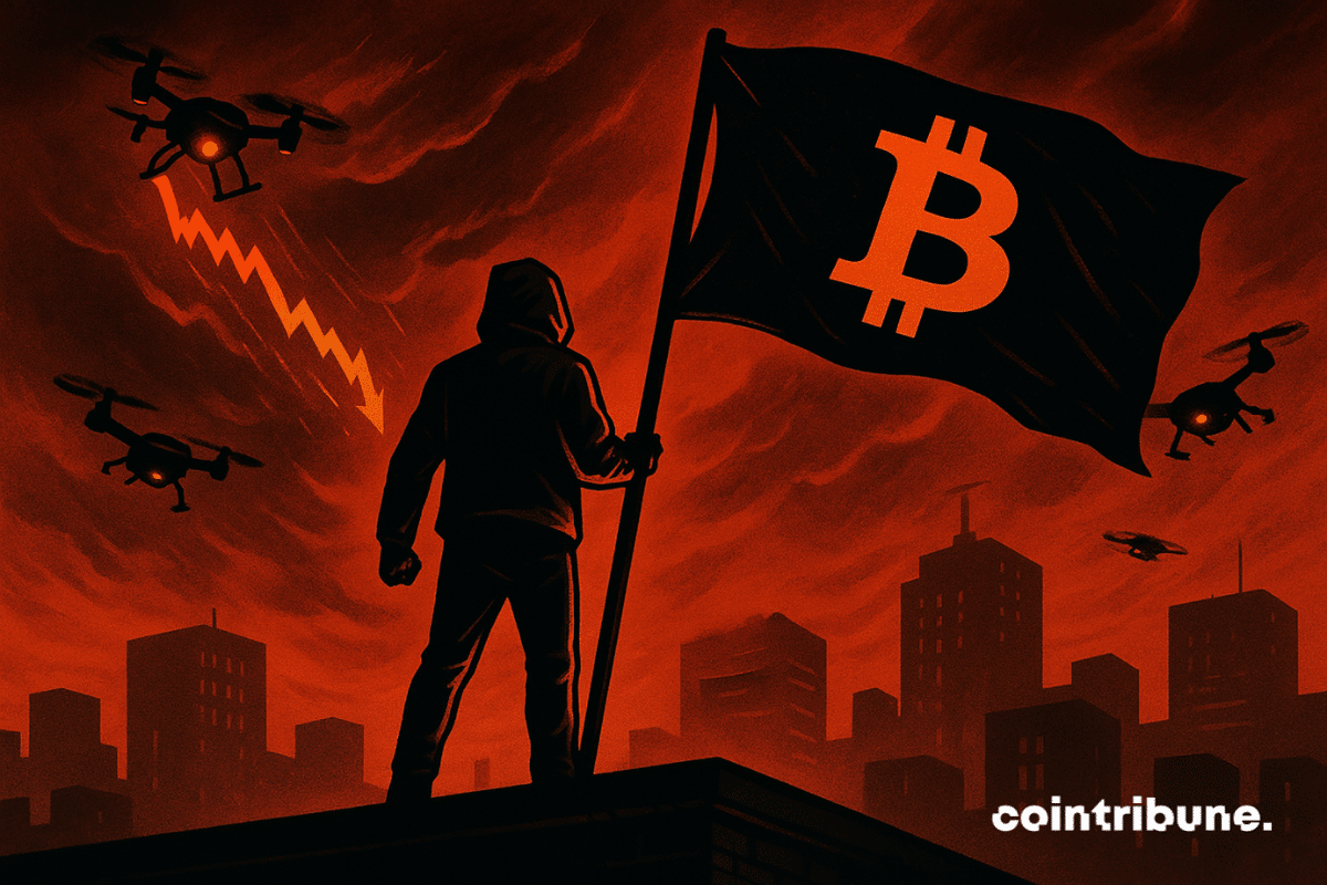A hooded figure stands on a rooftop holding a large black flag with a bright orange Bitcoin logo, while red drones fly around a city skyline under a stormy sky with a crashing price chart.