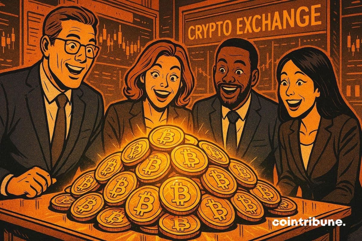 Des dirigeants d’entreprises autour d’une table remplie de bitcoins.