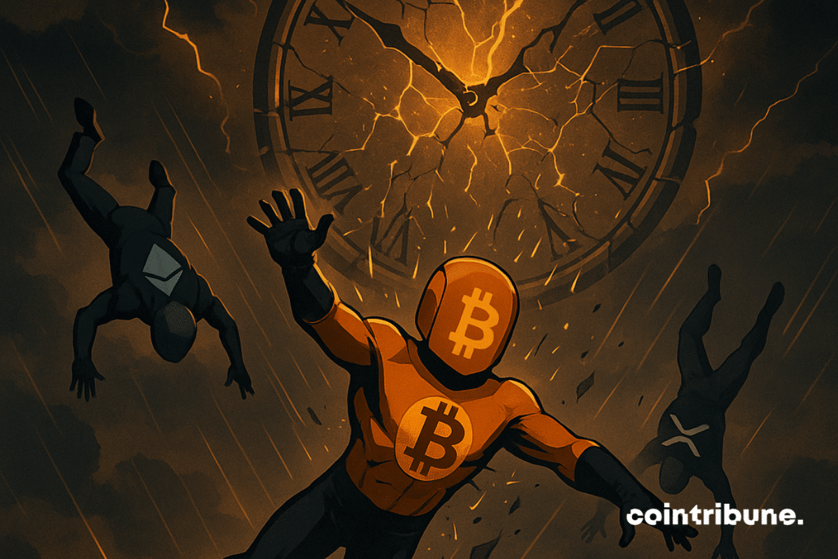 Des super-héros cryptos, dont Bitcoin, chutent d’un ciel orageux, devant une horloge fissurée, symbolisant l’effondrement du cycle.