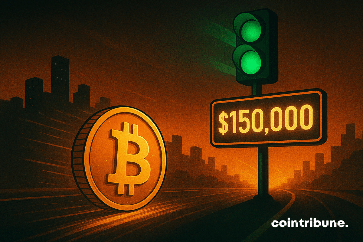A golden Bitcoin coin rolls swiftly along a nighttime road bathed in orange light. Ahead of it, a giant traffic light has just turned green, illuminating a sign displaying “150,000.” In the background, the silhouette of a dark city stands out against a glowing sky, symbolizing the green light for Bitcoin to reach new heights.