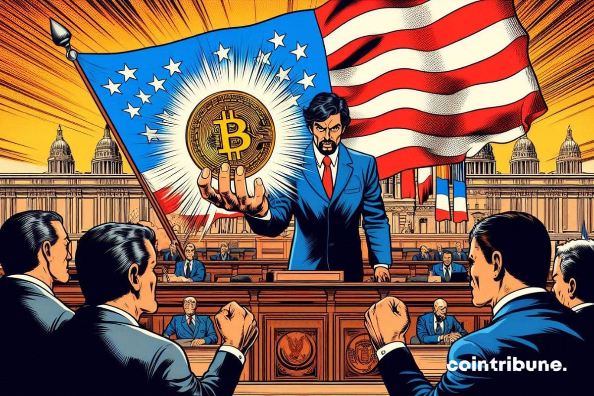 Un diputado francés con una gran moneda de bitcoin en la mano que brilla, furioso ante una bandera estadounidense.