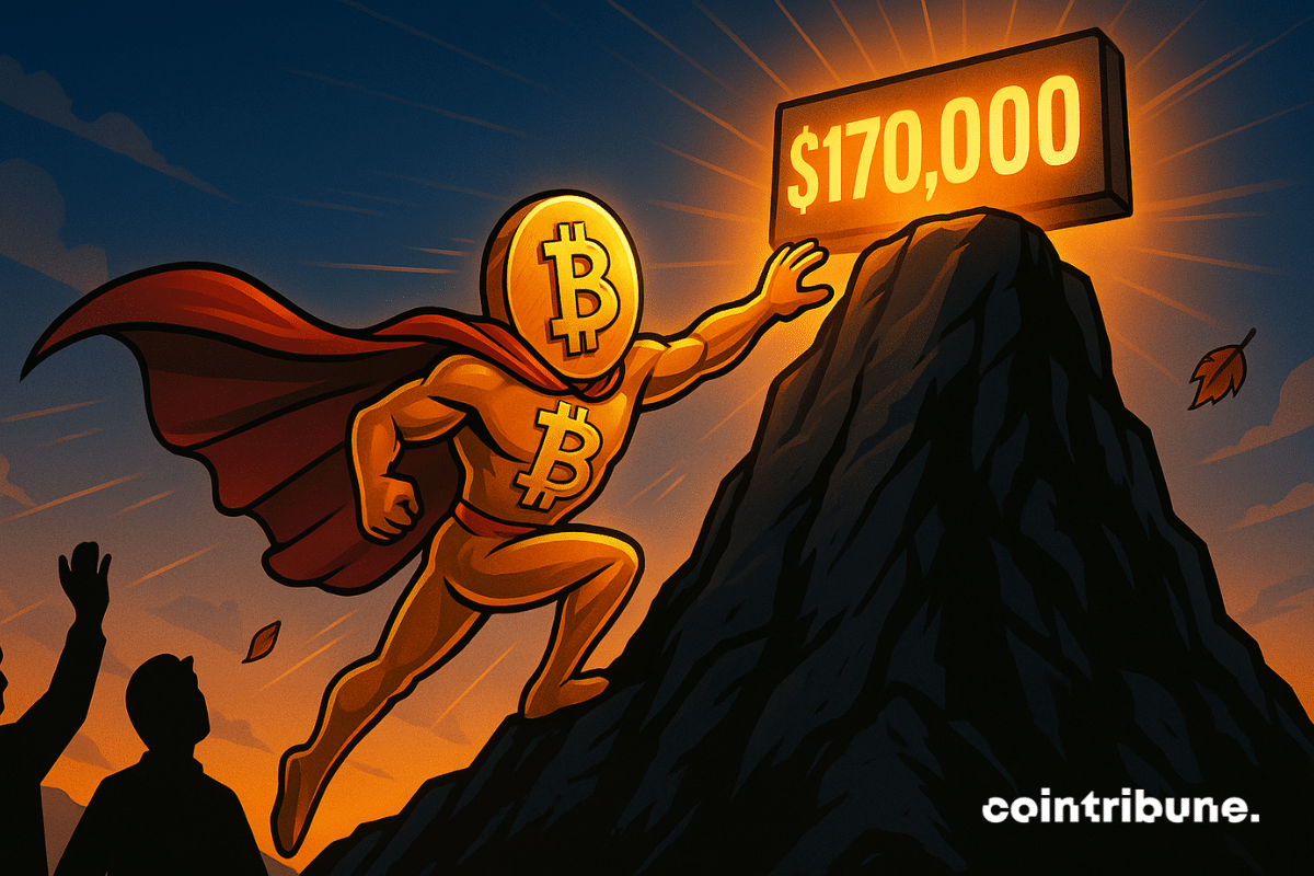 A Bitcoin superhero climbs a mountain toward 0,000, under admiring glances, in a dramatic orange atmosphere.
