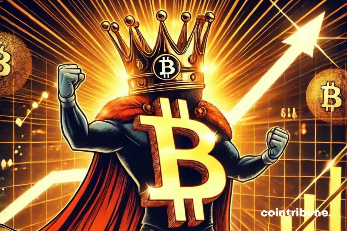 Un personnage avec un bitcoin en or sur la poitrine, et qui a une posture de vainqueur avec une couronne sur la tête.