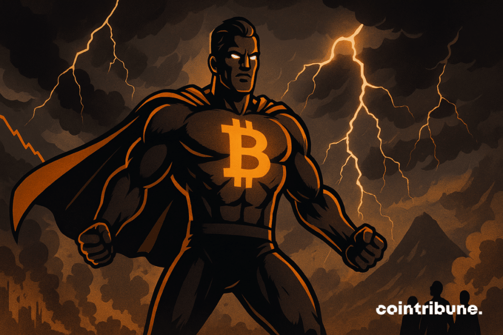 Bitcoin personnifié en super-héros affronte une tempête économique, éclairé par des éclairs orange, symbole de résilience et espoir.