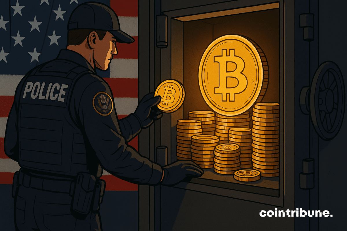 An American agent secures Bitcoins in a safe, symbolising a strategic reserve under high government surveillance.