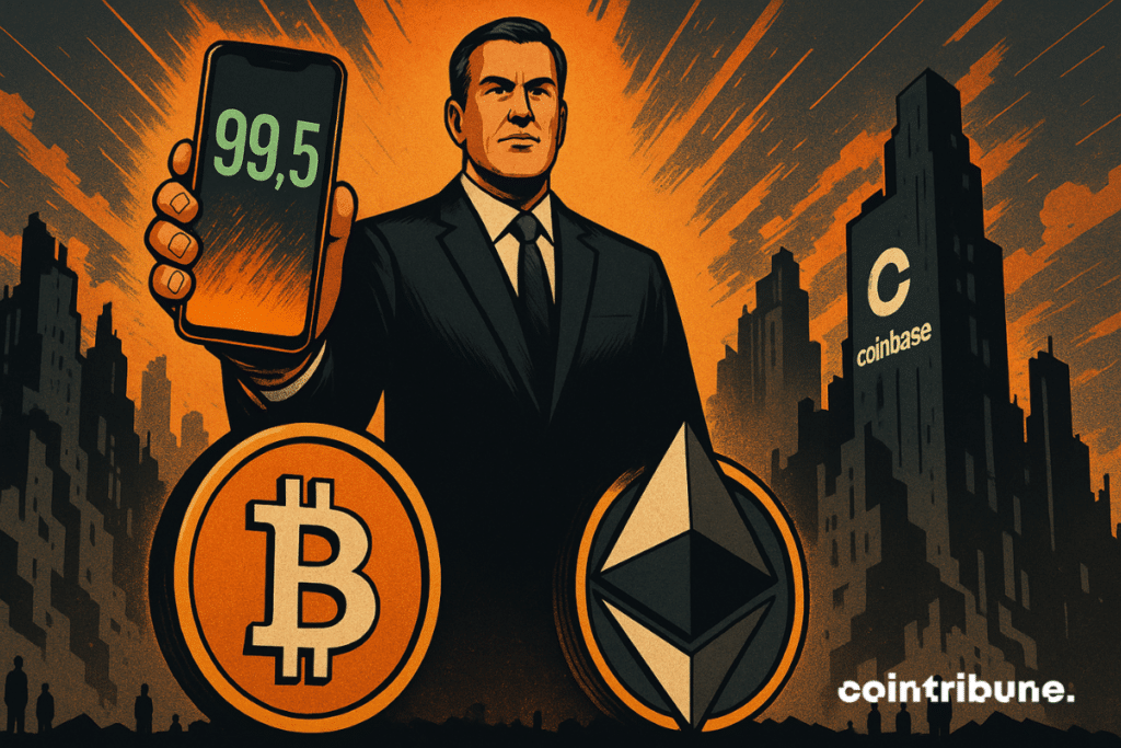 Un géant financier domine la scène, brandissant un smartphone affichant "99,5", sur fond de Bitcoin, Ethereum et Coinbase