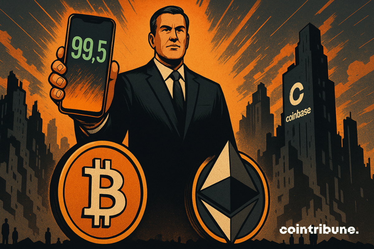 Un géant financier domine la scène, brandissant un smartphone affichant "99,5", sur fond de Bitcoin, Ethereum et Coinbase