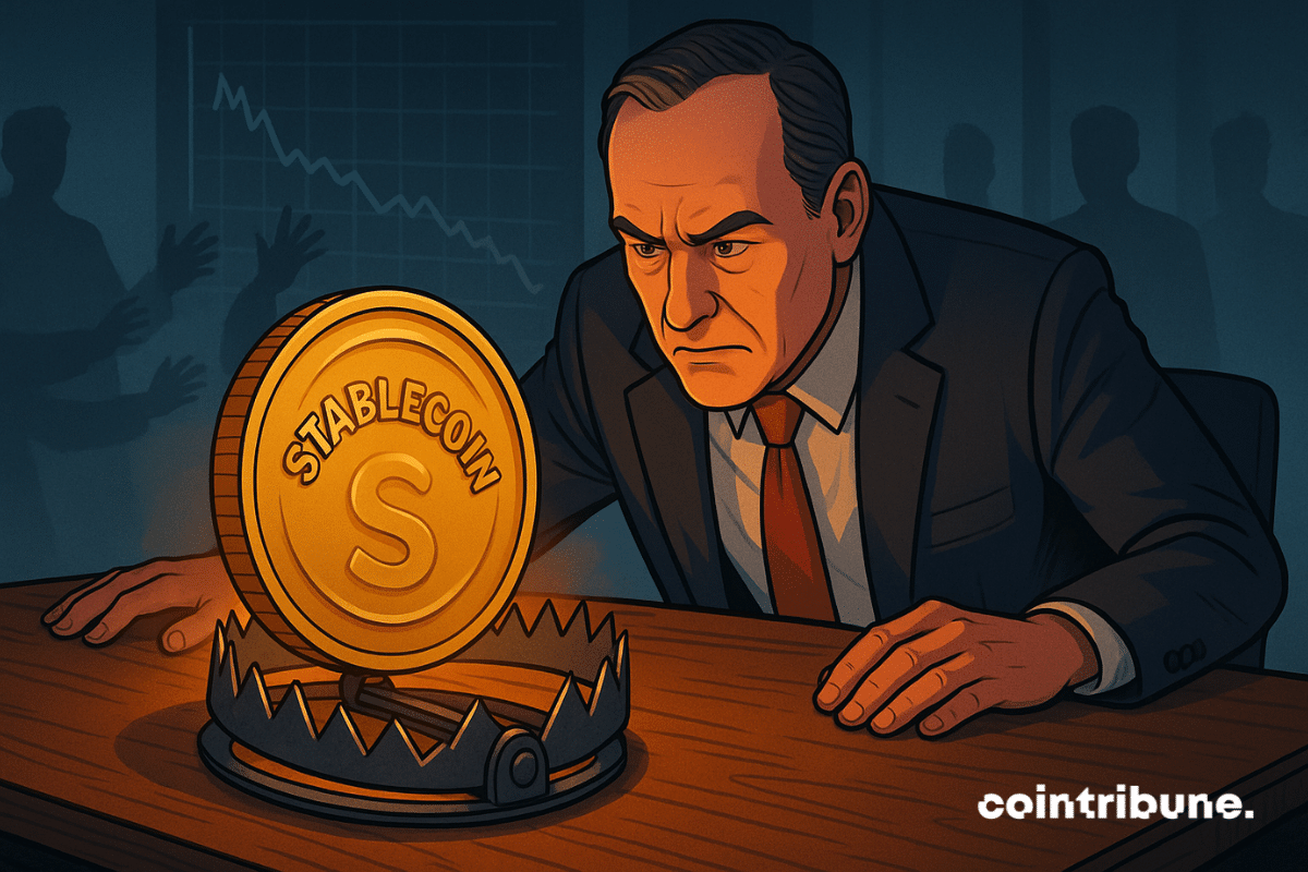 Un expert financier observe une pièce "stablecoins" piégée, symbole du danger caché des rendements non régulés. Ambiance tendue.