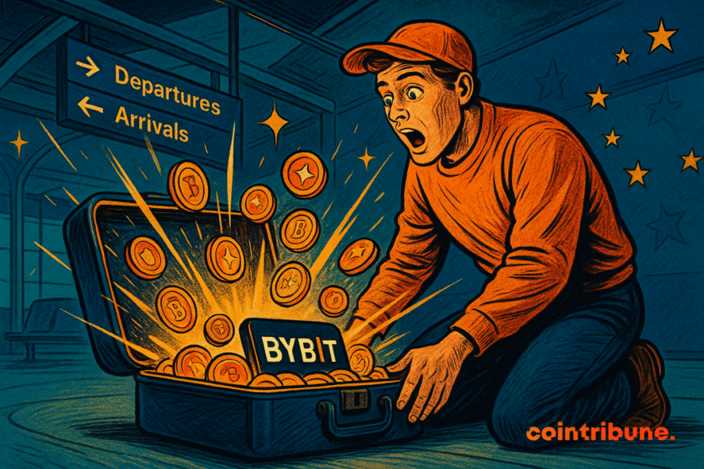 Un jeune homme, stupéfait, découvre une valise remplie de cryptomonnaies éblouissantes marquées BYBIT, dans un terminal d’aéroport européen. Des panneaux indiquent "Départs" et "Arrivées".