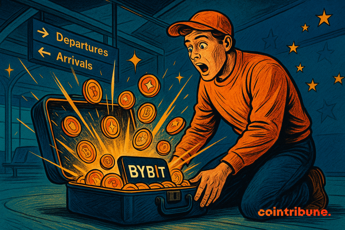 A young man, stunned, discovers a suitcase filled with dazzling cryptocurrencies marked BYBIT in a European airport terminal. Signs indicate "Departures" and "Arrivals".
