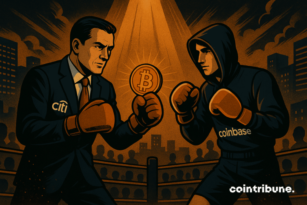 Un duel intense oppose Citigroup et Coinbase dans un ring futuriste, symbolisant la bataille pour la garde crypto.