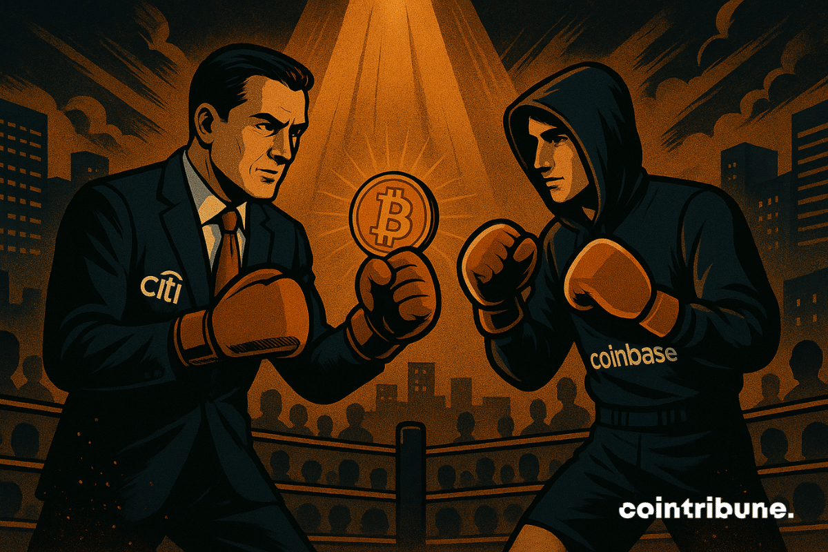 Un duel intense oppose Citigroup et Coinbase dans un ring futuriste, symbolisant la bataille pour la garde crypto.