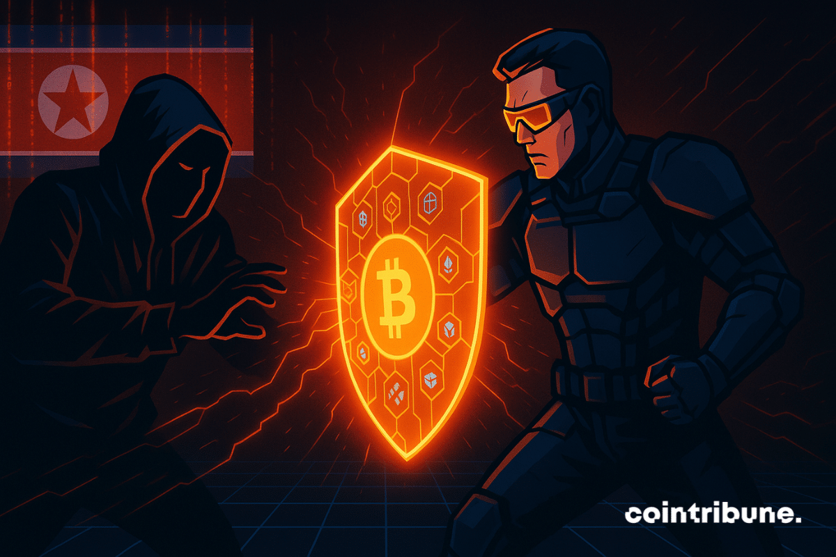 A North Korean hacker attempts to breach a crypto shield, defended by a cyber agent in high-tech orange armor.
