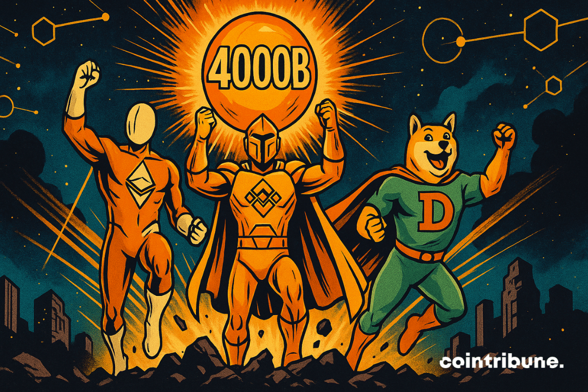 Tres superhéroes criptográficos surgen de un cráter, blandiendo una esfera «4000B», que encarna el explosivo renacimiento del mercado.