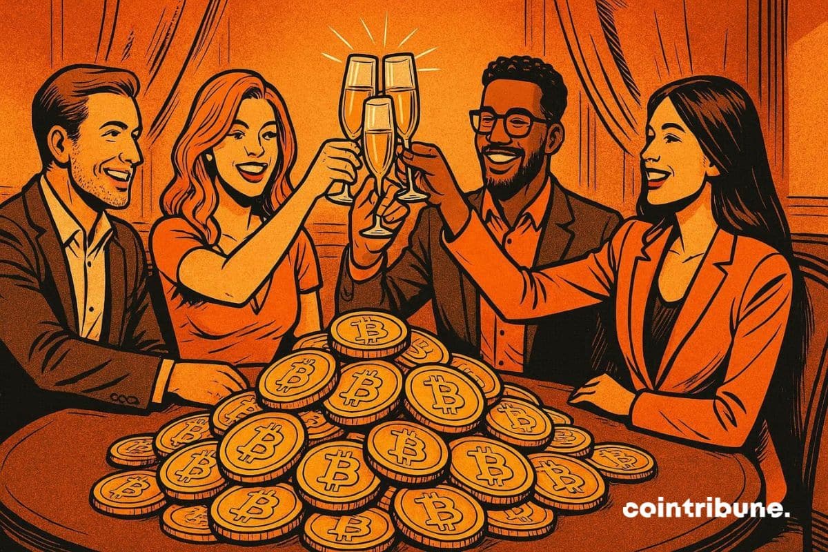 Crypto founders toasting around a table filled with bitcoins.