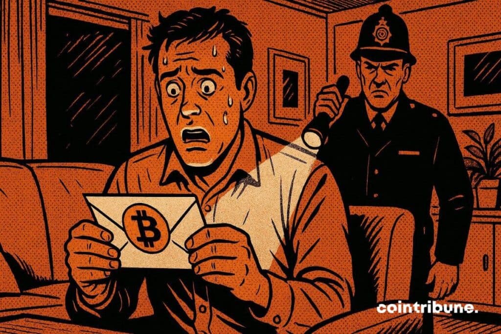 Um investidor em criptomoedas no Reino Unido descobre uma carta da Receita Federal instando-o a regular seus impostos sobre criptomoedas. Um policial o observa.