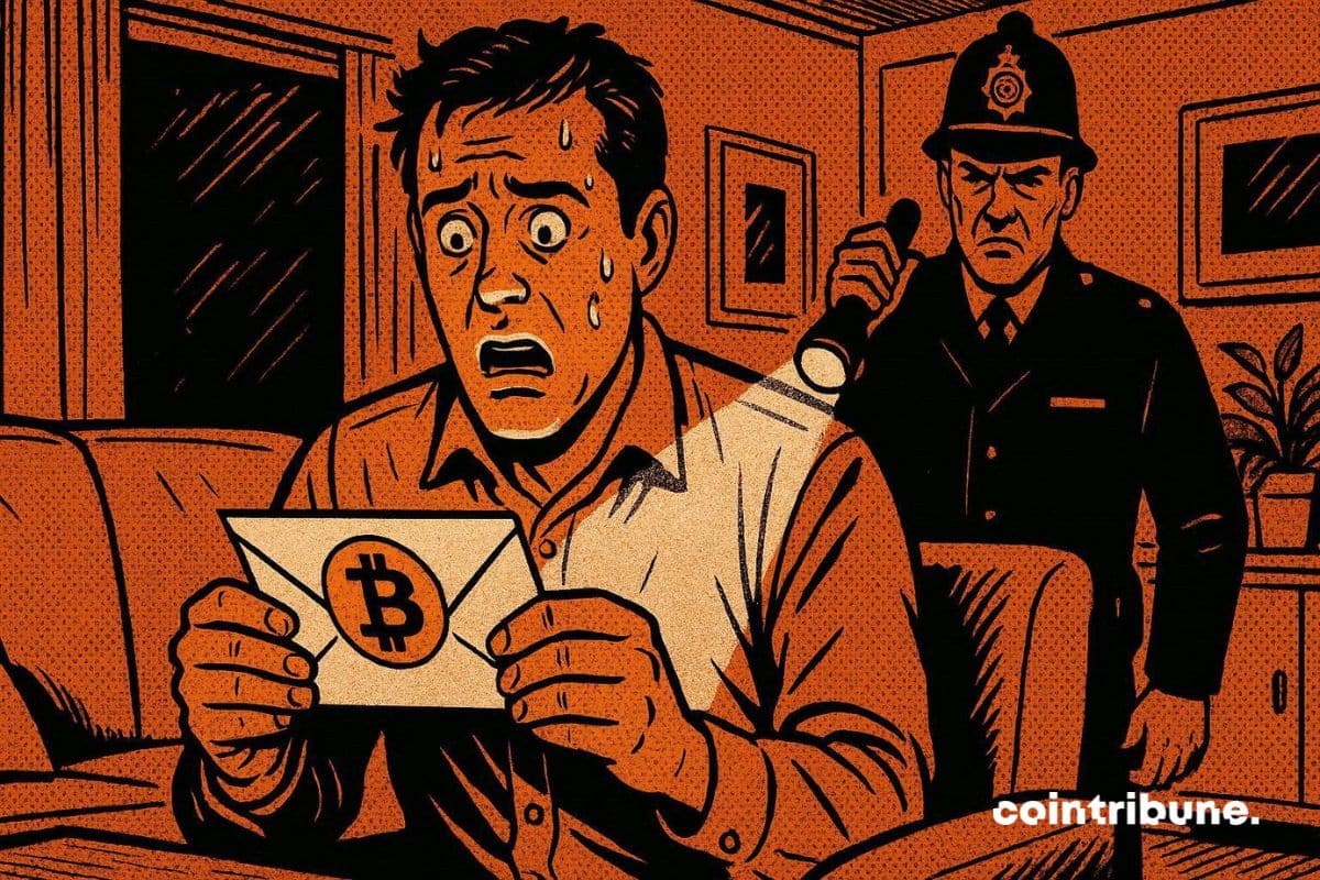 Un inversor de criptomonedas en el Reino Unido descubre una carta de la agencia tributaria que le insta a regular sus impuestos sobre criptomonedas. Un policía lo observa desde atrás.