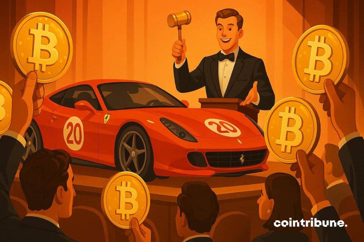 Um leiloeiro com uma Ferrari em um leilão de criptomoedas, segurando bitcoins.