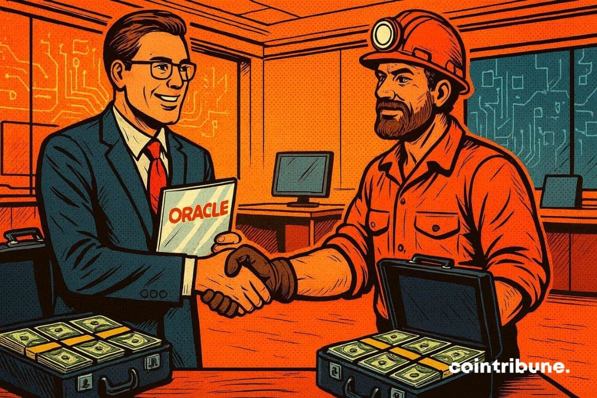 Le dirigeant d’Oracle qui serre la main d’un mineur d’IA. Il y a des mallettes d’argent sur la table qui permettra de développer le secteur de l’intelligence artificielle et de la crypto.