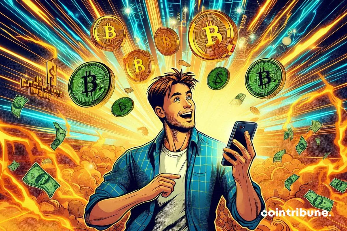 Une personne qui représente MrBeast et qui tient un téléphone où dès cryptos sortent.