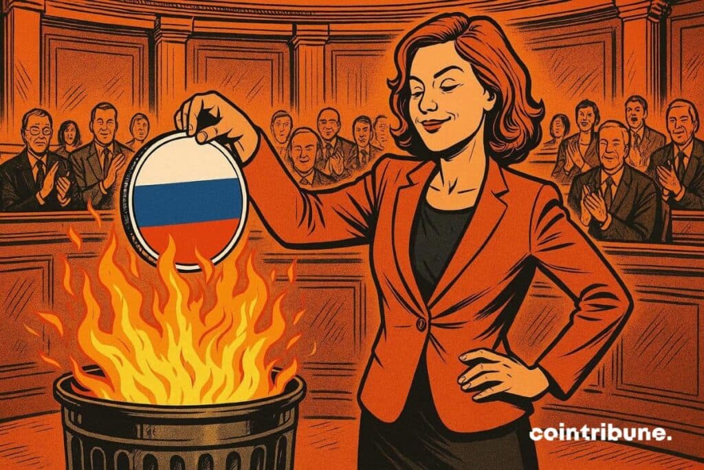 La présidente de l’Union Européenne (UE) qui brûle le stablecoin de la Russie, freinant son expansion crypto.
