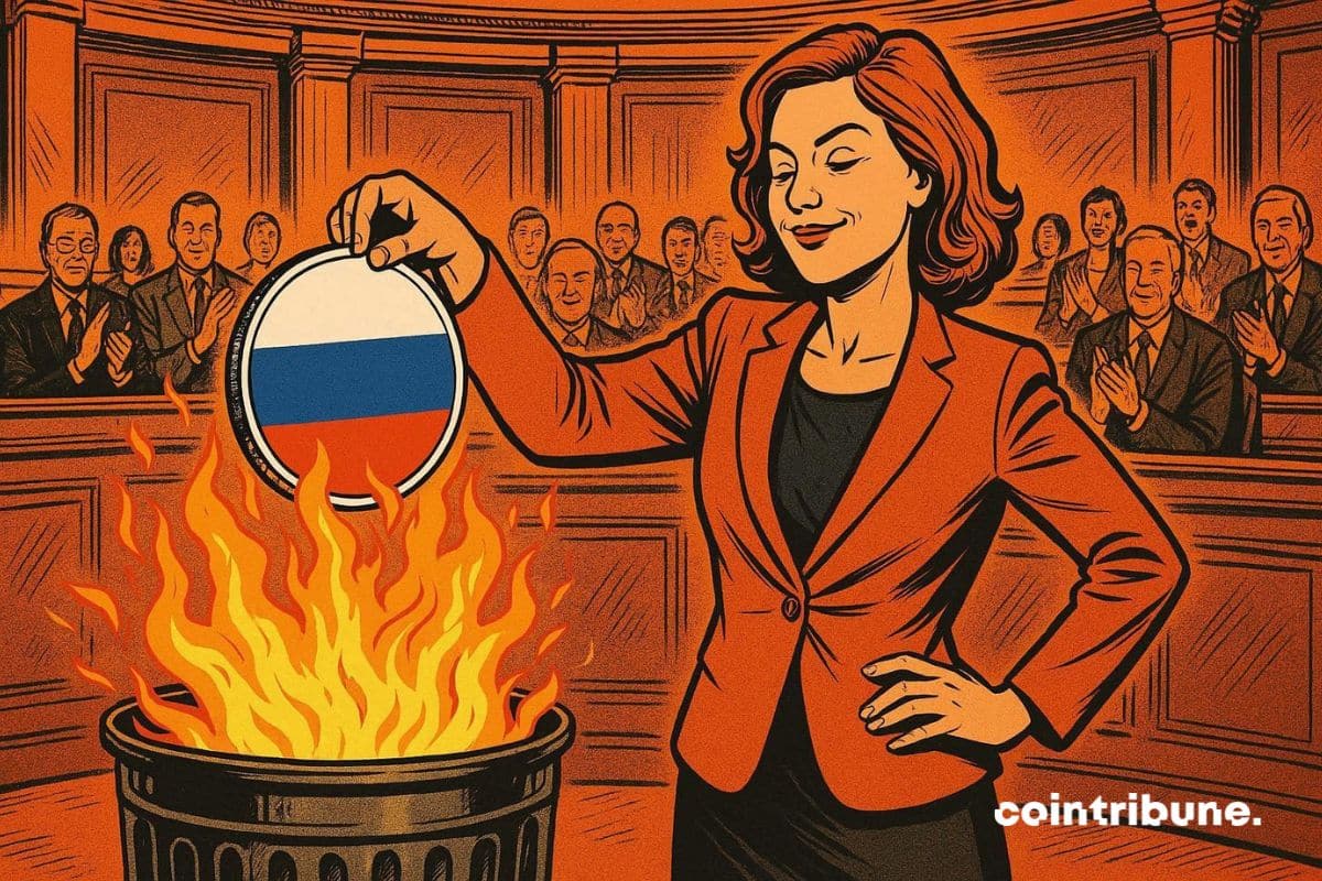 La présidente de l’Union Européenne (UE) qui brûle le stablecoin de la Russie, freinant son expansion crypto.