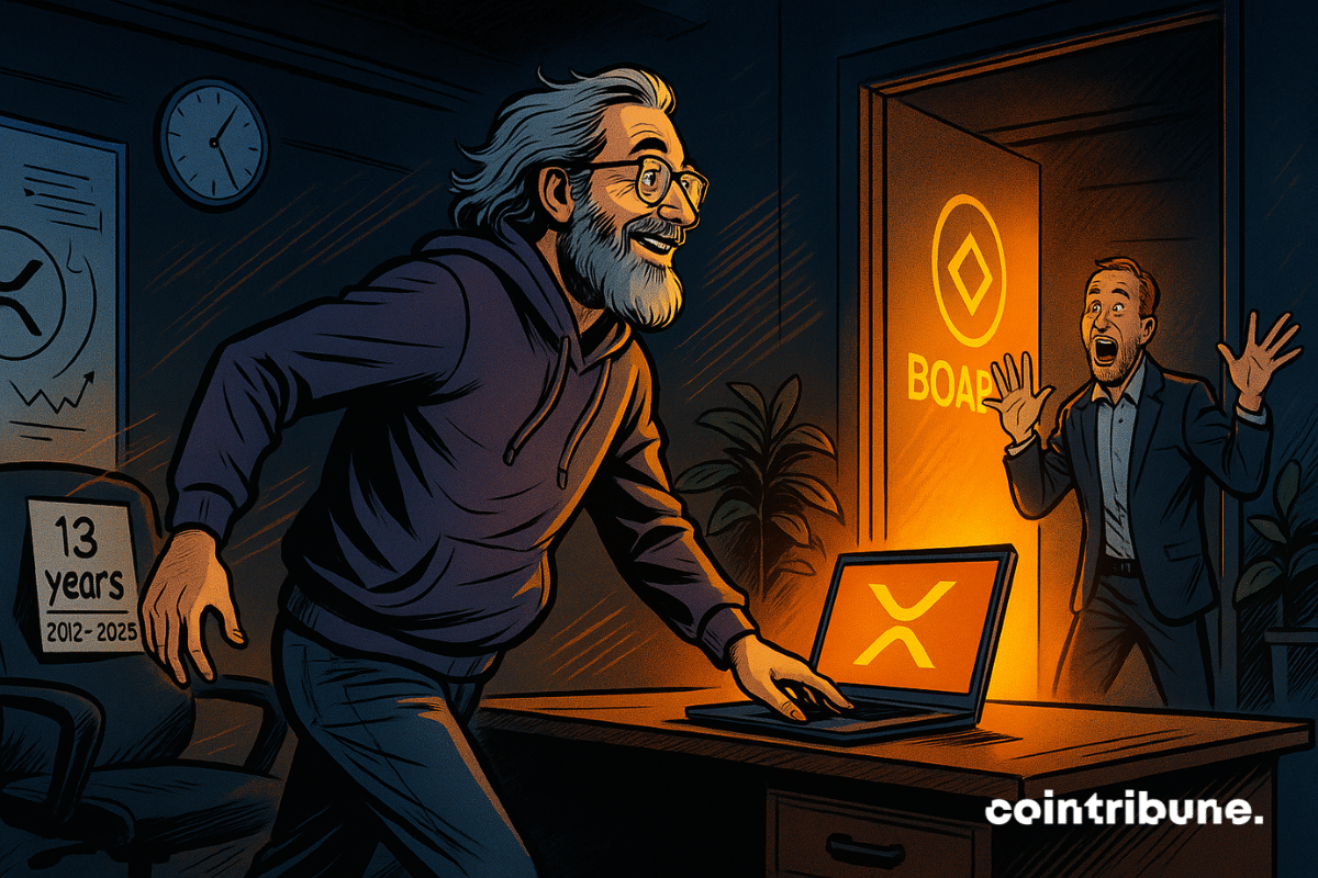 Schwartz part, Garlinghouse réagit avec surprise dans un bureau crypto orange