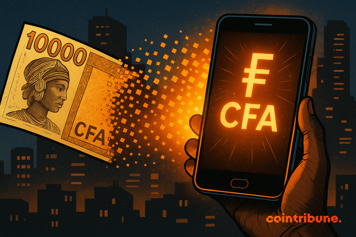 A CFA banknote transforms into bright pixels on a smartphone, symbolizing the digital transition of African currency.